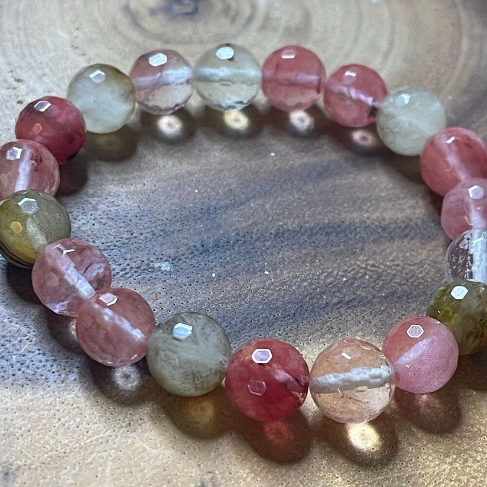 Watermelon Quartz high quality faceted 10mm 7” ONE beaded stretch bracelet new c